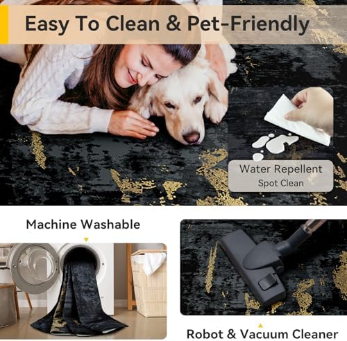 RELEANY Washable 4'x6' Abstract Area Rug for Living Room Black Gold - Image 5