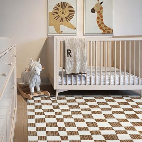 jinchan 4x6 Area Rug Washable Modern Checkered Rug for Kids Room, Brown - Image 5