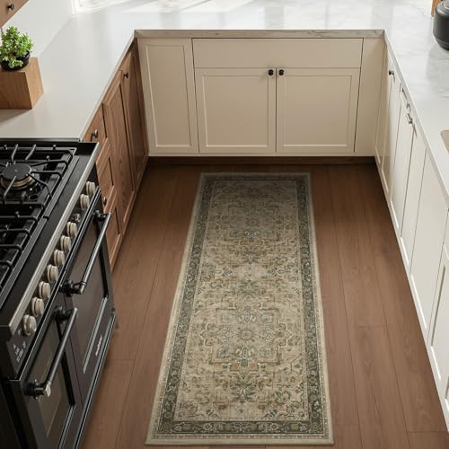 Vintage Medallion 2x5 Runner Rugs for Hallways Non Slip Machine Washable, Low Pile Lightweight Carpet Runner for Entryway/Kitchen/Bathroom/Corridor/Laundry Room, Multi Brown/Green by Jainmy
