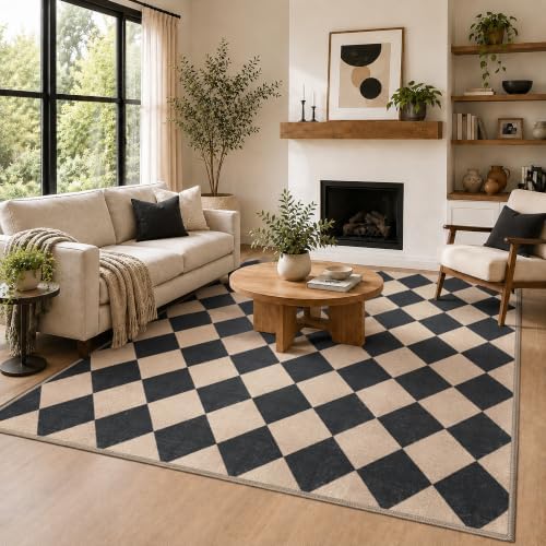 5x7 Checkered Area Rug for Living Room, Soft Low Pile Black & Taupe rugs by Unknown