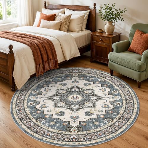 Area Rugs Round 6ft Non-Slip：Floral Vintage Distress Medallion Carpet Blue by TOPRUUG