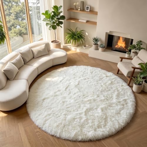 ONASAR Cream White Round Rugs 8ft for Living Room, Ivory Fluffy Bedroom Circle Area Rug, Soft Plush Shaggy Carpet for Kids Girls Boys Teen Nursery Dorm Classroom Playroom Home Decor Aesthetic by ONASAR