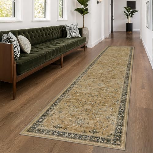 Boho Washable 10ft Long Runners for Hallways, Rustic Brown and Charcoal Olive 2'6"x10' Wide Kitchen Runner Rug, Vintage Entryway Indoor Rug, Non-Slip Stain Resistant Low Pile Throw Rug by HazoHaus