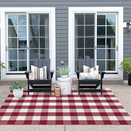 IOHOUZE Christmas Buffalo Plaid Outdoor Rug 4x6, Washable, Red White - Image 4