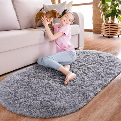 Noahas 2.8x6.3 Grey Fluffy Soft Oval Rug Non-Slip for Bedroom Dorm Hallway - Image 6