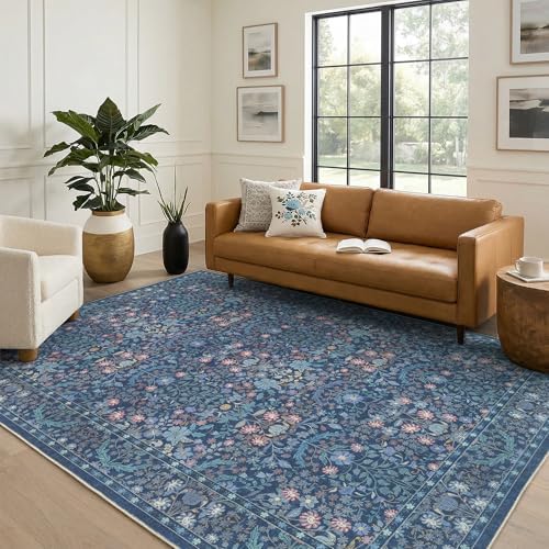 Blue Floral Living Room Rug 5x7 Area Rug - Vintage Forest Washable Rug for Dining Room, Bedroom, Ultra Soft Low Pile Non Slip Stain Resistance Distressed Boho Farmhouse Flower Carpet - Image 2