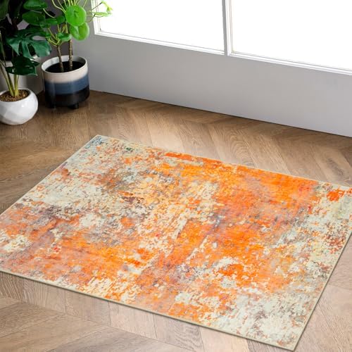 Lahome Modern Abstract Small 2x3 Rug - Washable Kitchen Rugs Non Slip Front Indoor Mat for Entry Bathroom, Contemporary Soft Throw Carpet for Entryway Bedside, Orange/Yellow by Lahome