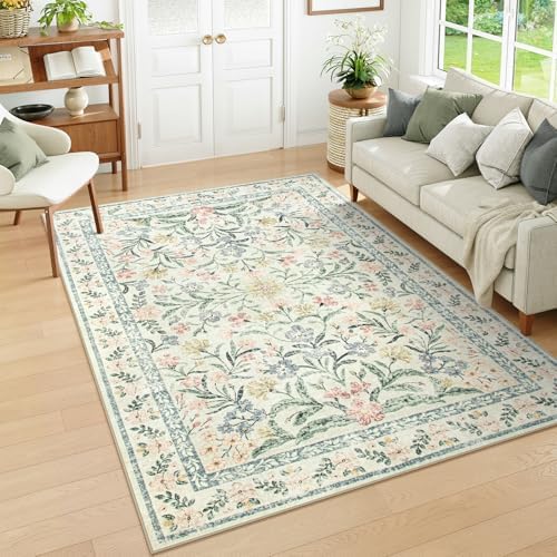 Wonnitar Washable 6x9 Area Rugs, Soft Floral Rug for Bedroom Kids Playroom Light Colored Carpet, Non Slip Ultra-Thin Indoor Beige Carpet for Living Room Classroom Office by Wonnitar