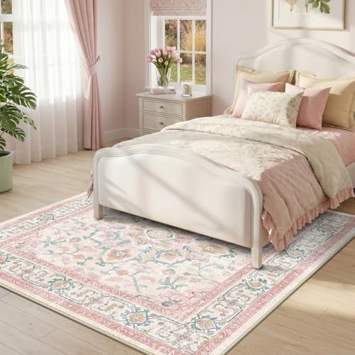 CAPALOCA Square 4ft Washable Nursery Girls Low Pile Area Rug Pink Teal - Image 3