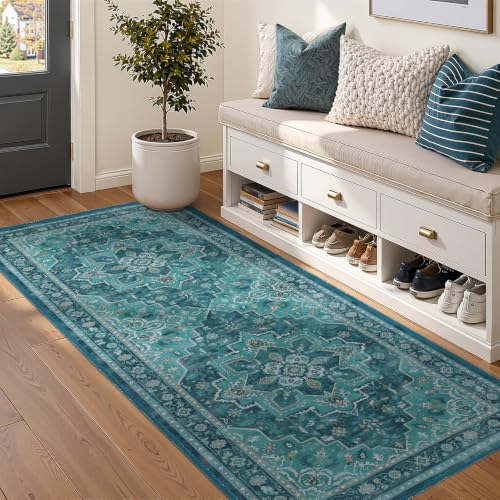 Washable Hallway Runner Rug 2'x5', Vintage Medallion, Boho Teal by Jainmy