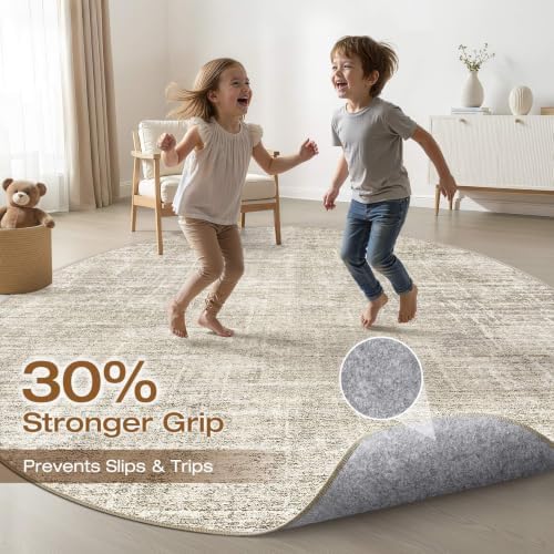 LOONGRUG Round Rug 5x5 Washable Neutral Modern Rug for Living Room Brown - Image 3