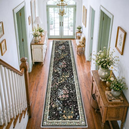 Washable Long Runner Rug 3x12: Vintage Botanical Runner for Large Hallway Office Gallery - Machine Washable Non Slip Low Pile Carpet - Soft Foldable Rug for Busy Indoor Spaces - 3'x12' Black by YOUFORTONG