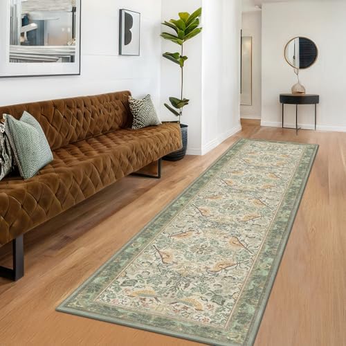 Vintage Sage Runner Rugs for Hallways - Light Green 2x10 Kitchen Runners, 10 ft Long Entryway Rug, Botanical Boho Pattern with Flowers and Leaves, Washable Non Slip Low Pile - Image 3