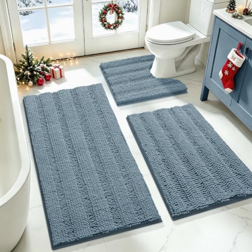 SmileYes Striped Haze Blue Bathroom Rug Set 3 Pieces Ultra Soft, Non Slip Chenille Bath Carpet, Absorbent Plush Shaggy Bath Mats for Bathroom, Bedroom, Stone Blue by ACCUMTEK