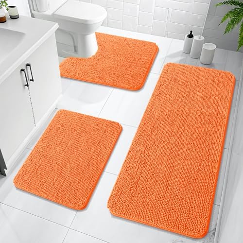 OLANLY Chenille Bathroom Rugs Sets 3 Piece, 47"x20"+24"x16"+24"x20", Orange by OLANLY