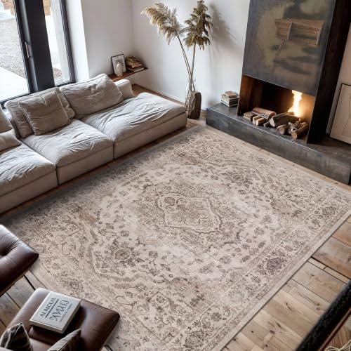 Rugshop Vintage Medallion Machine Washable Non-Slip Area Rug, 9'x12' Cream by Rugshop