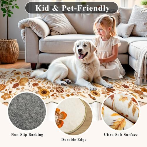 2x6 Fall Floral Kitchen Rugs: Washable Pumpkin Holiday Door Mat Beige-Gold - Image 6