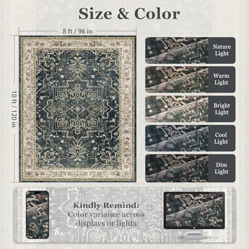 Vintage Distressed 8x10 Rugs for Living Room Bedroom, Washable Non Slip Dining Room Rugs for Under Table, Low Pile Thin Soft Carpet Farmhouse Dark Medallion Printed, Midnight/Multi - Image 2