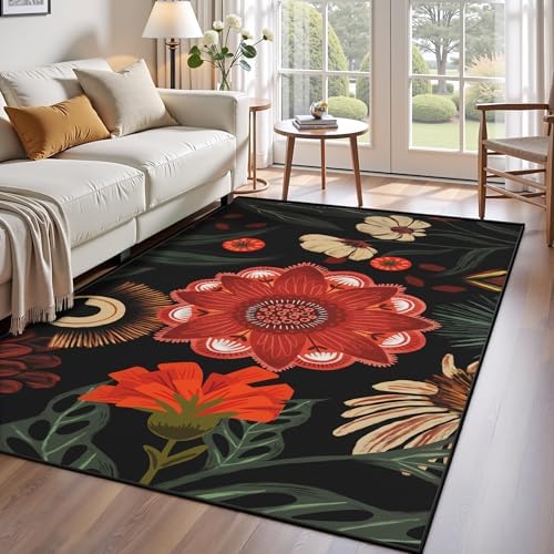 Tyrot Vintage Boho Floral 3x5 Washable Area Rug Flat Woven Ultra-Thin Low-Pile Botanical Rugs Non-Slip Indoor Rug for Bedroom, Entryway, Kitchen, Dorm, Kids Room, Nursery, Black Red by TyrotHomeDecor