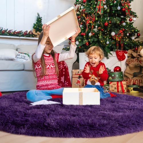 5ft Fluffy Dark Purple Round Rug for Bedroom, Washable Non-Slip - Image 5
