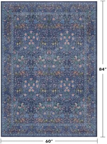 Dark Navy Blue Living Room Rug 5x7 Area Rug - Vintage Floral Forest Washable Mat for Dining Room, Bedroom, Low Pile Non Slip Stain Resistance Distressed Retro Indoor Boho Carpet - Image 2