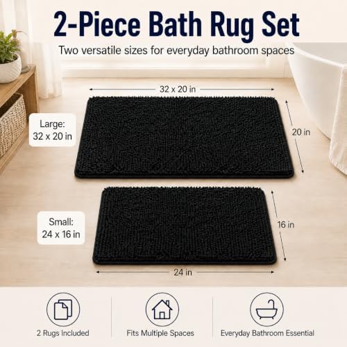 RUN HELIX Bathroom Rugs Set 2 Piece Thick Chenille Bath Mats, Soft Quick Dry Plush Absorbent Bath Rugs with Non-Slip PVC Backing, 32x20+24x16 Inch Black - Image 2