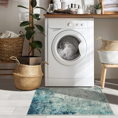 Lahome Modern Abstract Area Rug - Small 2x3 Washable Entryway Rugs Non-Slip Low Pile, Accent Throw Carpet for Kitchen Bath Mats Laundry Front Indoor Doormat,Blue/Grey - Image 2