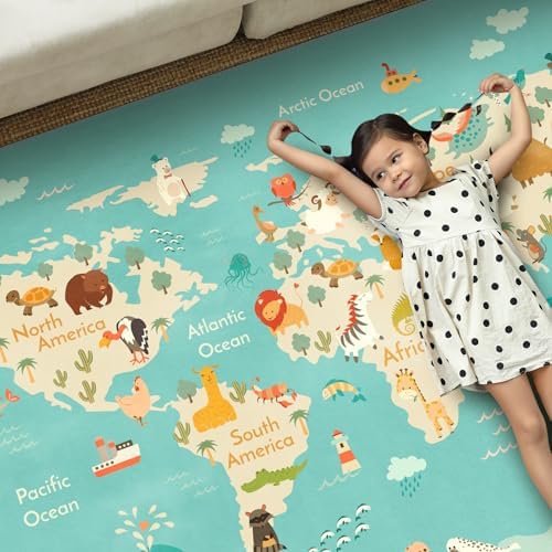 Hazo Haus Washable Kids Playroom Rug – 5x7 Play Rug for Preschool Toddlers, Girls, Educational with Cute Animals – Non-Slip, Stain Resistant, Soft & Safe for Bedroom, Play Room and Classroom - Blue - Image 2