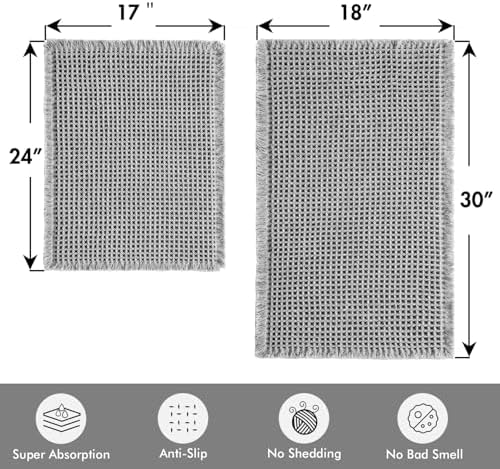 MIULEE Set of 2 Waffle Bathroom Rugs Light Grey Bath Mat 17"x24"+18"x30" - Image 2