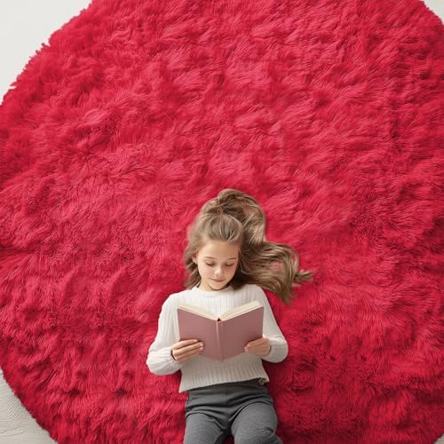 OLANLY Red Round Rugs for Bedroom - Machine Washable, 8 ft Circle Area Rugs for Living Room, Soft and Fluffy Shaggy Carpet for Teen Girls and Boys, Nursery Rooms, Dorms, Home Decor Aesthetic by OLANLY