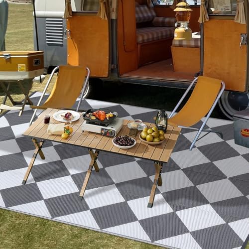 GAOMON 9x18 Plastic Straw Rug Outdoor Rugs for Patio Waterproof Reversible Mat Modern Bordered Camping Rug for Porch RV Backyard Pool Deck Picnic Beach Trailer Trellis-Grey/White by GaoMon