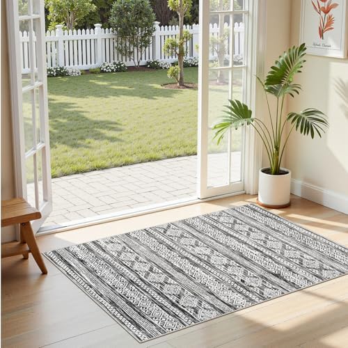 Tortania Area Rug Living Room Rugs - 2x3 Washable Soft Neutral Boho Moroccan Farmhouse Mat Indoor Floor Carpet for Bedroom Hallway Entryway Kitchen Home Office Decor - Black White - Image 6