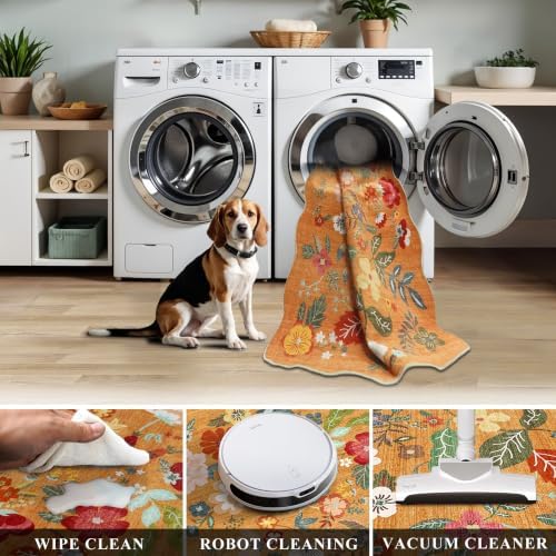 2x3 Washable Area Rug for Entryway: Non Slip Floral Small Runner Rug Orange - Image 4