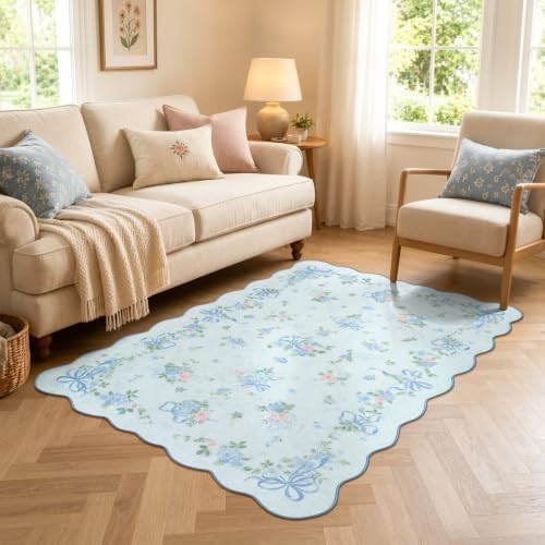 Wonnitar 4x6 Area Rug for Kids Bedroom, Washable Boho Blue Bow Floral Rug by Wonnitar