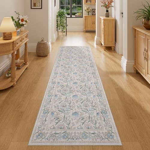 DUKINO 2x6 Runner Rug, Washable Vintage Floral Kitchen Rug, Cream Blue by DUKINO