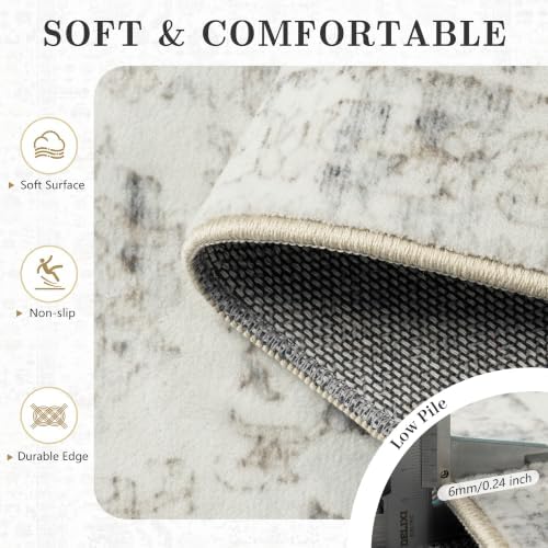 6x9 Area Rugs, Washable Vintage Retro Floral Rug for Living Room, Low Pile Non Slip Distressed Large Carpet for Bedroom, Dining Room, Office, Home (Beige Grey) - Image 7