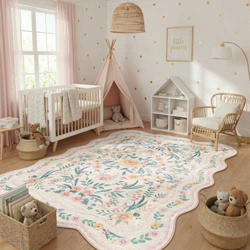 8x10 Scalloped Rug for Living Room, Pink Floral Rug for Girls Bedroom,Washable Rugs Soft Low Pile Non Slip Rugs for Nursery College Bedroom Decor Kids Room Playroom - Image 6