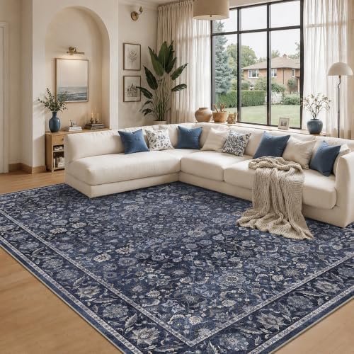 Washable 9x12 Living Room Soft Area Rug Retro Denim Blue Large Carpet by HOME