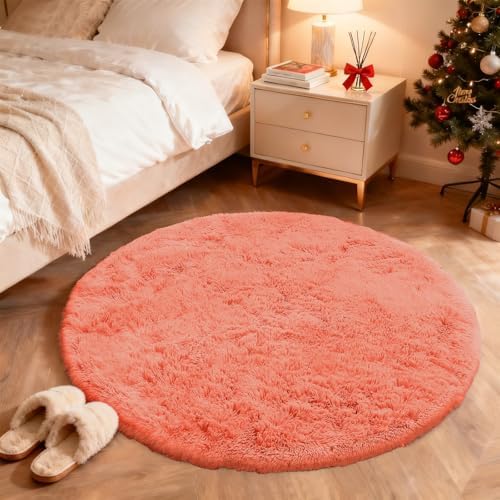 OLANLY Coral Red Round Rugs for Bedroom - Machine Washable, 4 ft Circle Area Rugs for Living Room, Soft and Fluffy Shaggy Carpet for Teen Girl and Boys, Nursery Rooms, Dorms, Home Decor Aesthetic - Image 3
