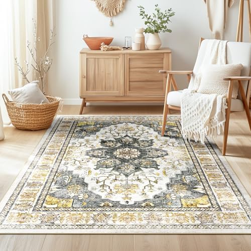 BESTSWEETIE Washable Boho 3x5 Area Rug, No Pile for Living Room, Grey Brown by BESTSWEETIE