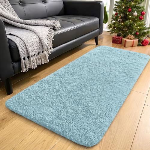 OLANLY 2x4 Machine Washable Runner Rugs for Hallway, Soft Fluffy Shaggy Bedside Rugs for Bedroom, Living Room, Indoor Floor Carpet for Kids Girls and Boys, Home Decor Aesthetic, Light Blue by OLANLY