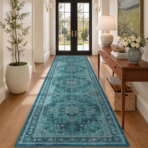Washable Hallway Runner Rug 3'x10', Vintage Medallion, Boho Teal by Jainmy