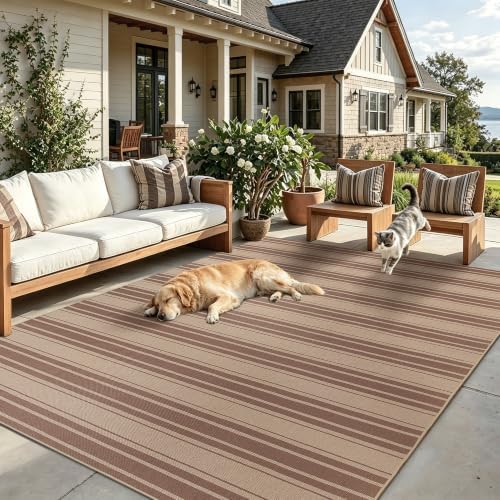 6x9 Striped Easy Jute Washable Outdoor Patio Rug for Living Room Indoor Outdoor Geometric Neutral Carpet for Backyard Patio Dining Room Office - Image 2