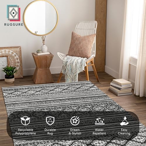 RUGSURE Washable Area Rugs 9' x 12' - 1/6 Thick - Moroccan-Inspired -Stain & Water Resistant Non-Slip - Resistant Rug for Living Room, Bedroom, Nursery, Pet & Child Friendly (Black) - Image 5