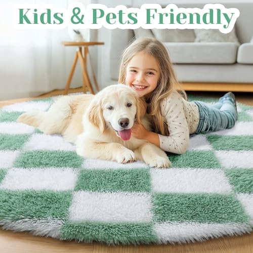 KICMOR Round Rug 4ft for Bedroom, Fluffy Soft Circle Area Rug Cute Small Living Room Carpet, Sage Green and White Fuzzy Shag Shaggy Checkered Circular Rugs for Kids Room Nursery Home Decor Aesthetic - Image 4