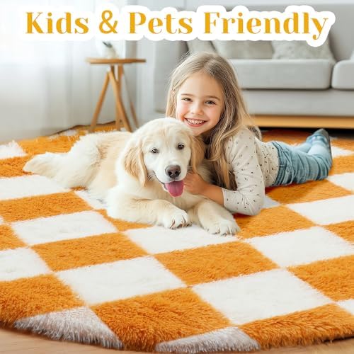 KICMOR Round Rugs 5ft Orange and Cream White Circle Area Rug, Fluffy Soft Fuzzy Shag Shaggy Bedroom Living Room Carpet, Indoor Checkered Circular Rug for Kid Boys Girls Home Decor Aesthetic, Nursery - Image 4