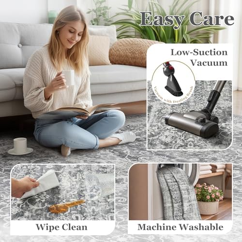 Grey 2x6 Runner Rug for Hallways Entryway, Vintage Neutral Kitchen Bathroom Runner 6ft, Non Slip Washable Low Pile Thin Carpet Runner for Mudroom/Laundry Room/Bedroom Bedside - Image 6