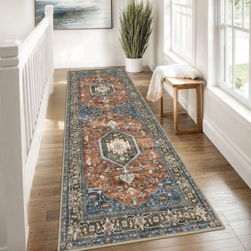 KUTA Vintage Washable Kitchen Runner 3x8 Washable Hallway Runner Brick Red - Image 3