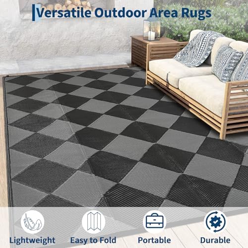 GAOMON 9x18 Plastic Straw Rug Outdoor Rugs for Patio Waterproof Reversible Mat Modern Bordered Camping Rug for Porch RV Backyard Pool Deck Picnic Beach Trailer Trellis-Black/Grey - Image 5