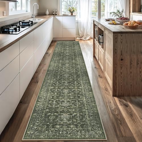 2x12 Washable Kitchen Runner Rug Soft Vintage Dark Green Throw Carpet - Image 2